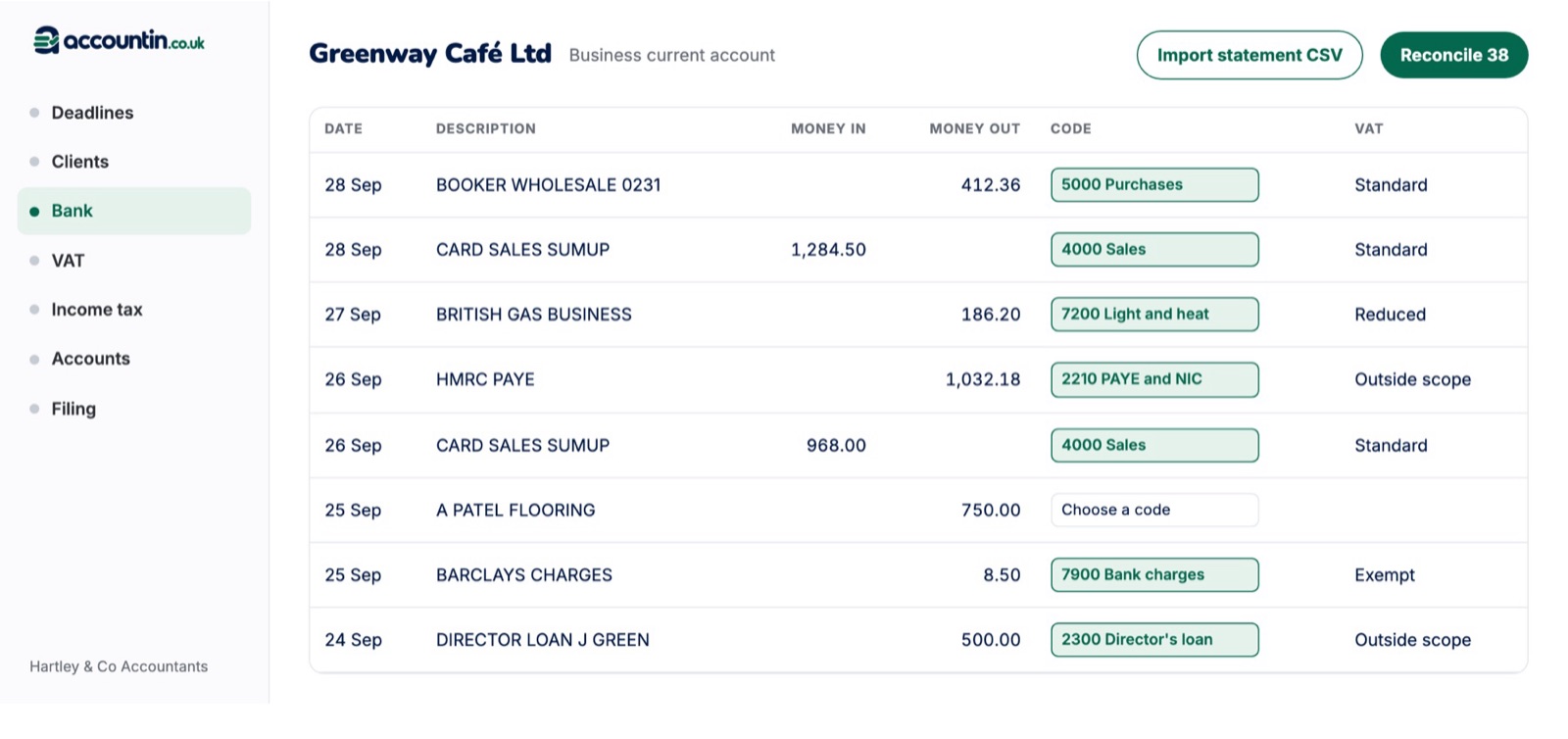 Bank lines for a café, each with a suggested code and VAT rate