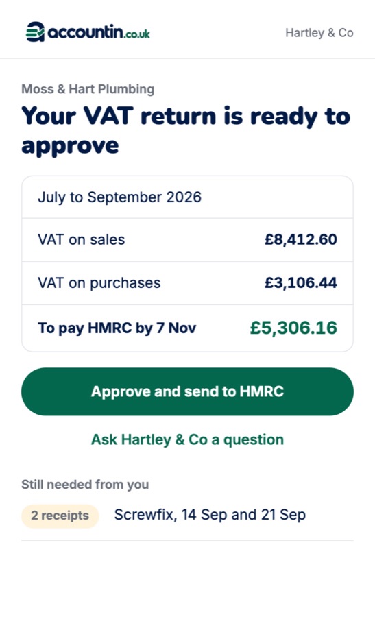 A client approving their VAT return from their phone
