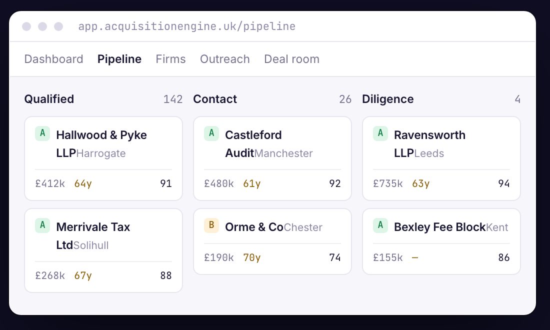The deal board from acquisitionengine.uk, showing fictional firms at three stages