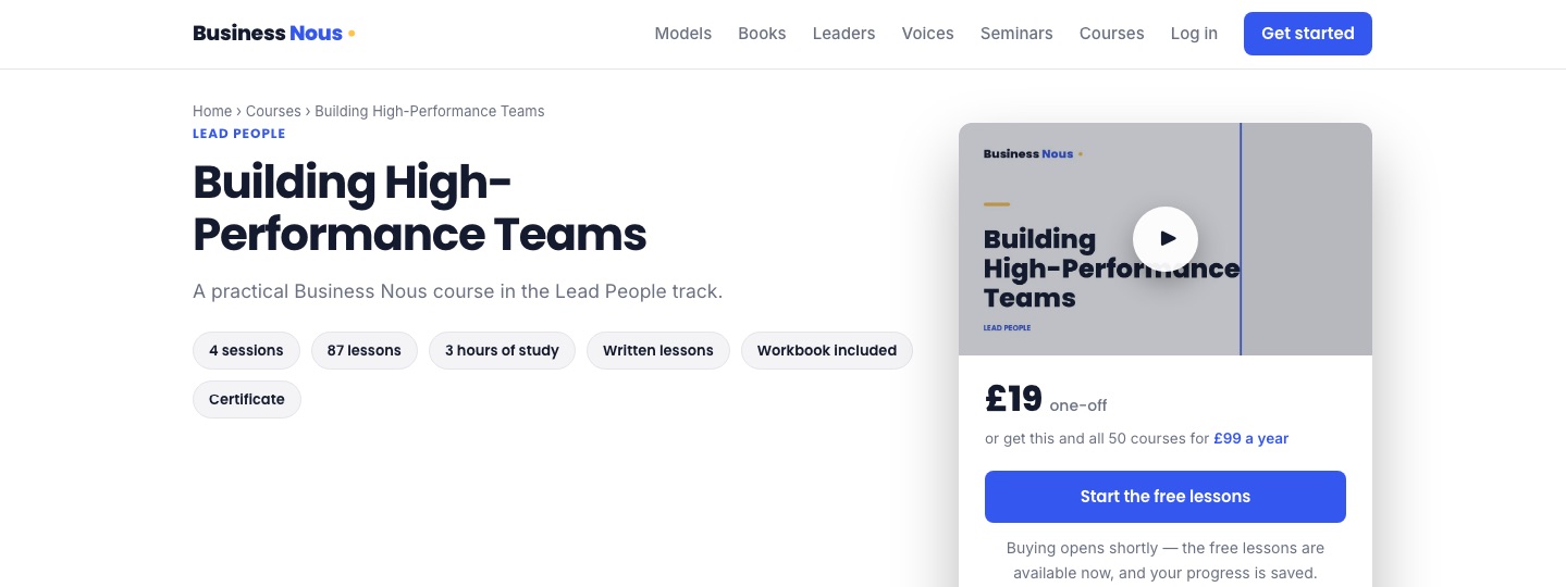 A Business Nous course page: Building High-Performance Teams, 4 sessions, 87 lessons, workbook included, certificate, £19 one-off