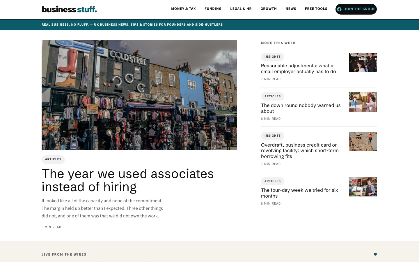 The Business Stuff front page, with a lead article and a column of more stories from the week
