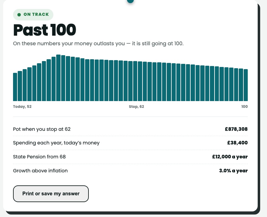 A calculator result: on track, past 100, with a bar for every year