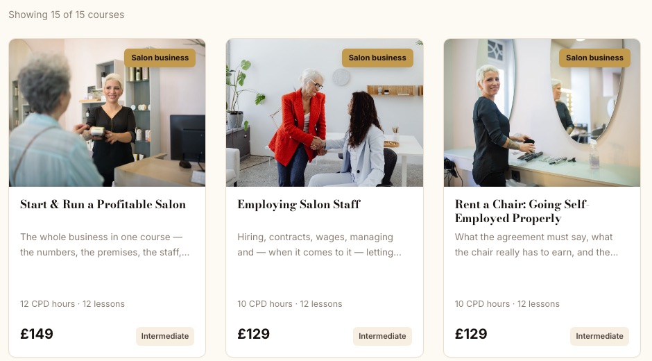 Course cards in the catalogue, each showing CPD hours, lessons, level and price