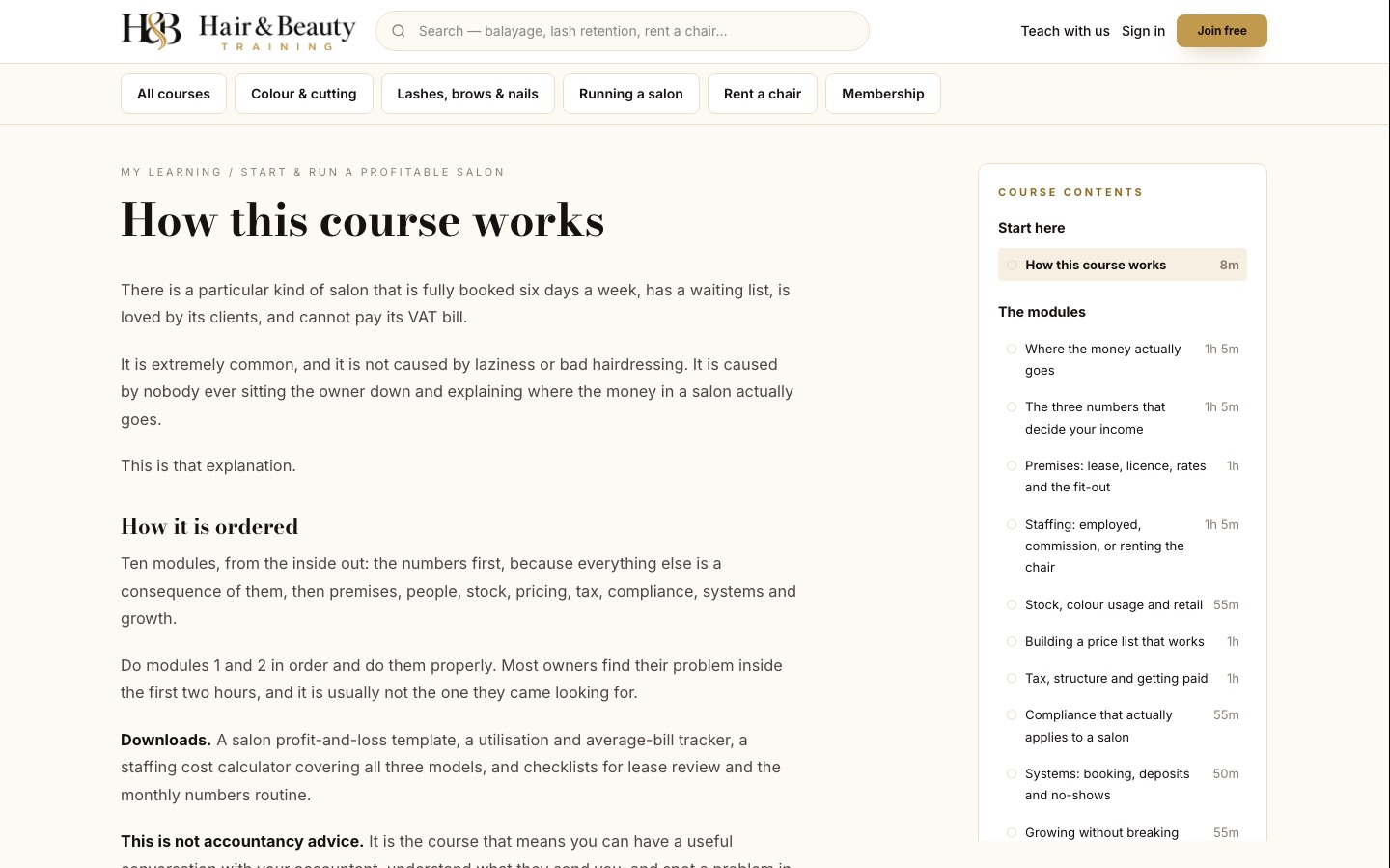The free first lesson of Start and Run a Profitable Salon, with the course contents beside it