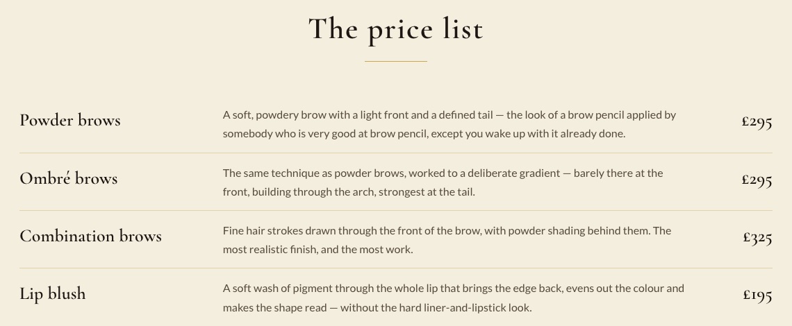The Lip Blush & Brows price list, from powder brows at 295 pounds