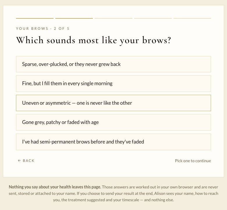 The suitability check asking which sounds most like your brows, with five answers