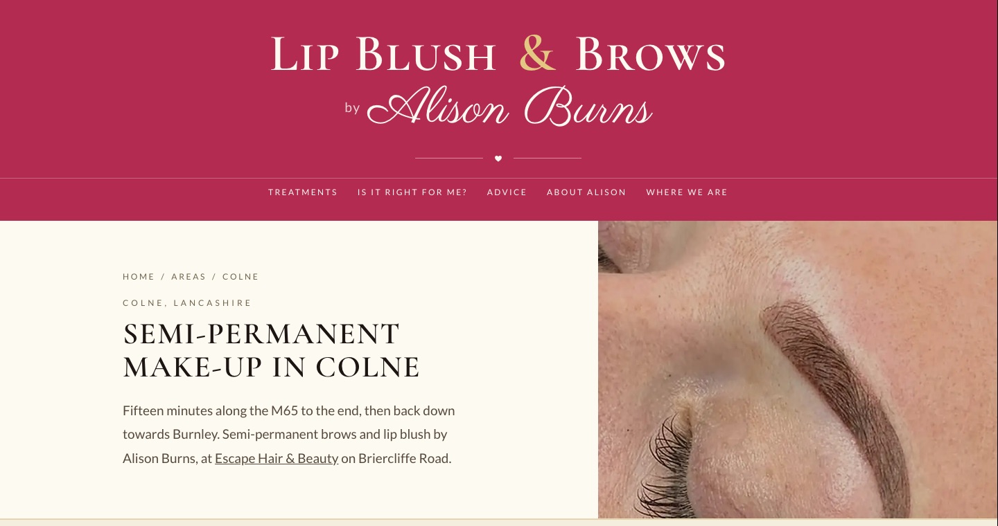 The page for semi-permanent make-up in Colne, with the drive time from Colne
