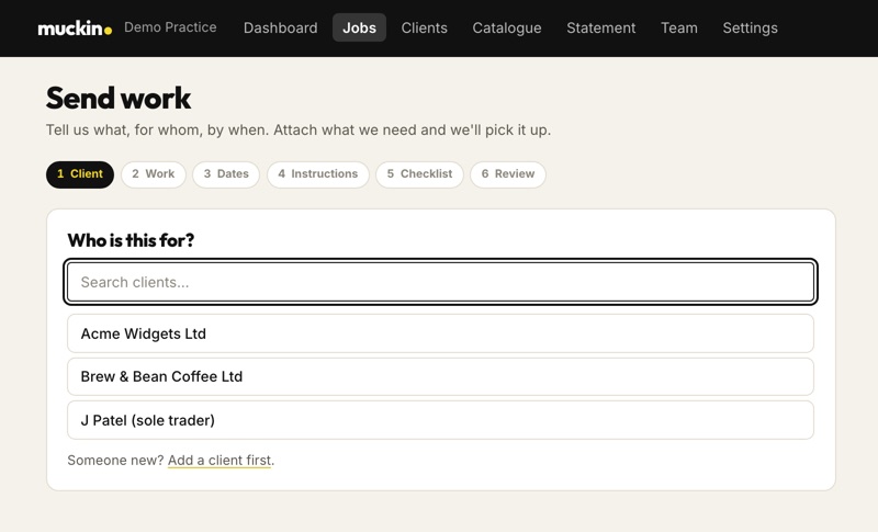 Sending a job in the Muckin portal: choosing the client