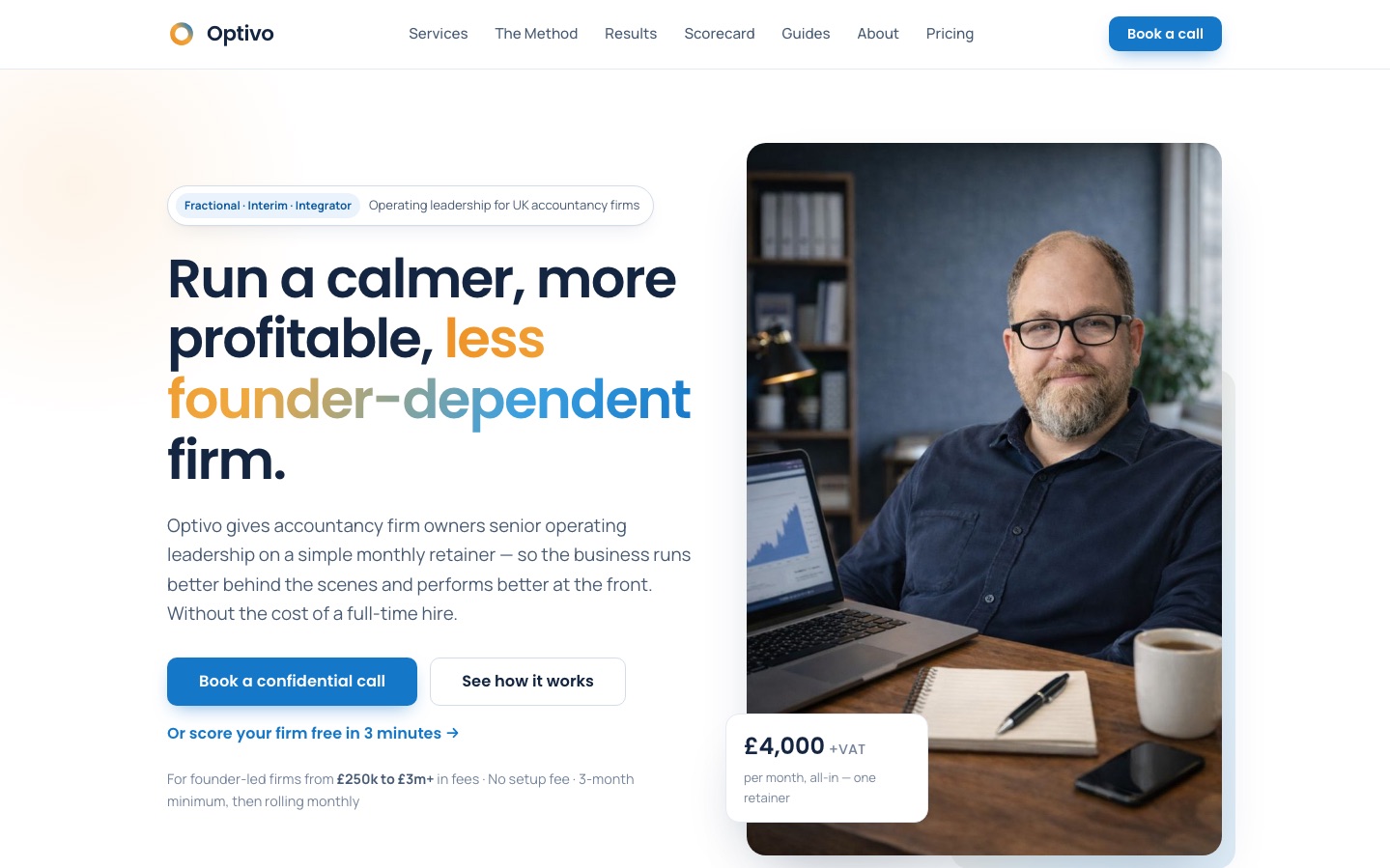 The optivo.uk home page, with the £4,000 a month retainer shown beside the hero photograph
