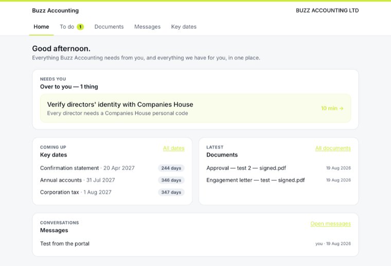 The client's home screen in Practice Portal, in Buzz Accounting's colours