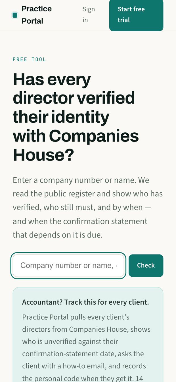 The free director identity checker on practiceportal.uk, on a phone