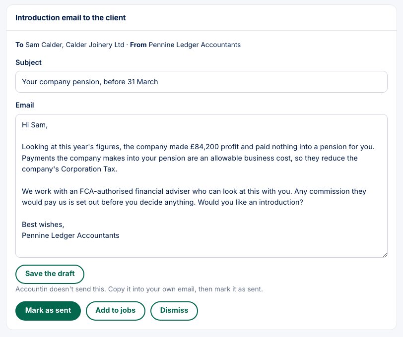 A draft introduction email to the client, with buttons to mark it sent, add it to jobs or dismiss it
