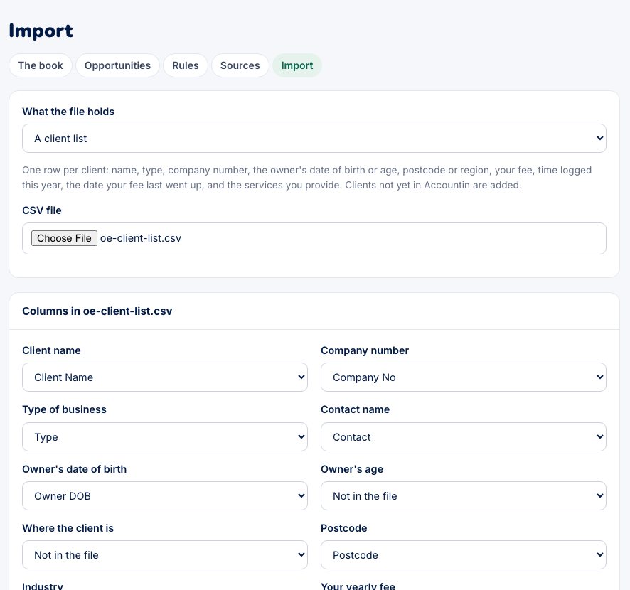 The import screen matching each column in a client list to a figure