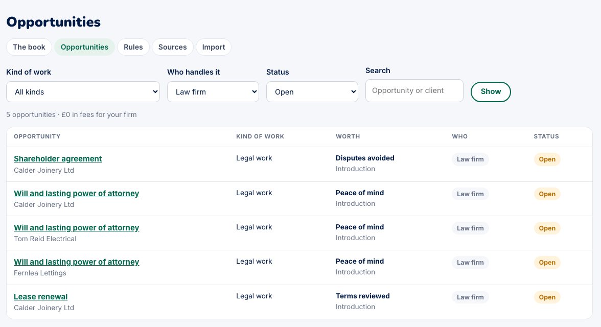 The opportunities list filtered to work for a law firm